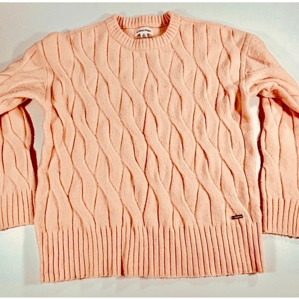 Calvin Klein Sweater Cable Knit Crew Neck Pullover Peach Pink Women's Small